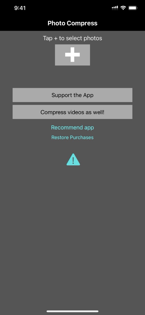 Home screen — tap + to select photos