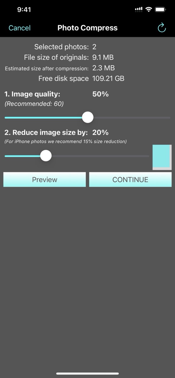 Set image quality and size reduction; preview or continue