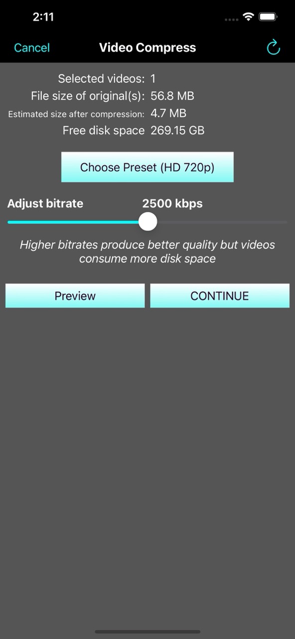 Adjust bitrate and choose preset; preview or continue