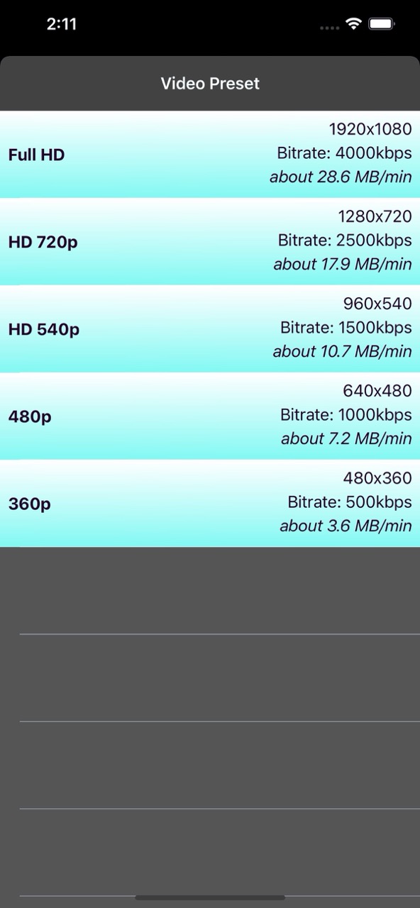 Choose video preset — resolution and bitrate list